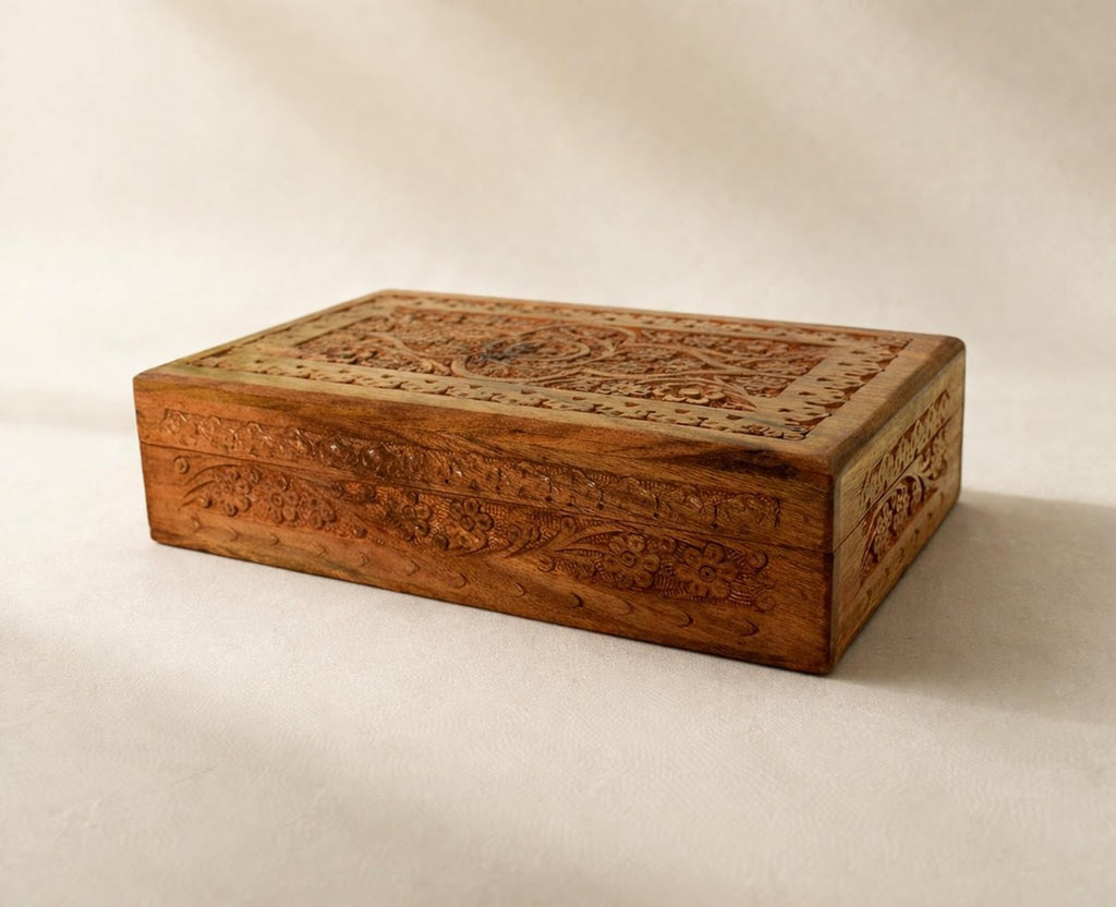 Hand Carved Wooden Memory Box - Decorative Wooden Keepsake Storage Box for Jewelry, Watches, Coins & Trinkets