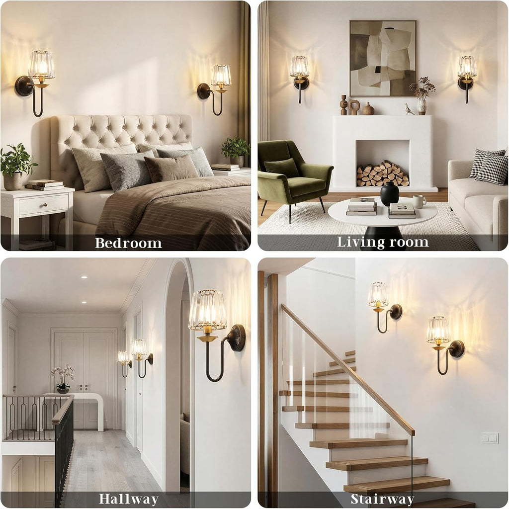 Black and Gold Battery Operated Wall Sconces Set of Two, Crystal Wireless Rechargeable Wall Lights with Remote