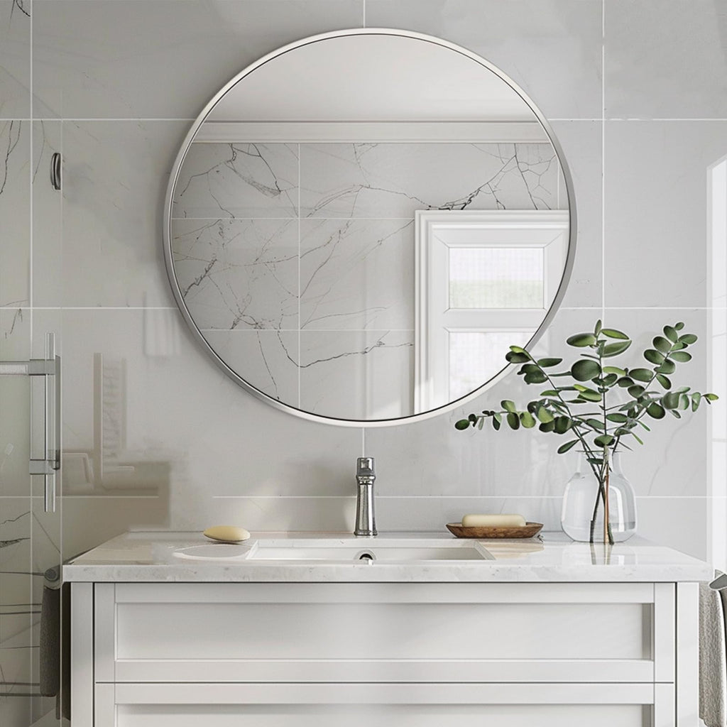 Round Mirror 22 inch, Nickel Bathroom Mirror, Brushed Metal Frame