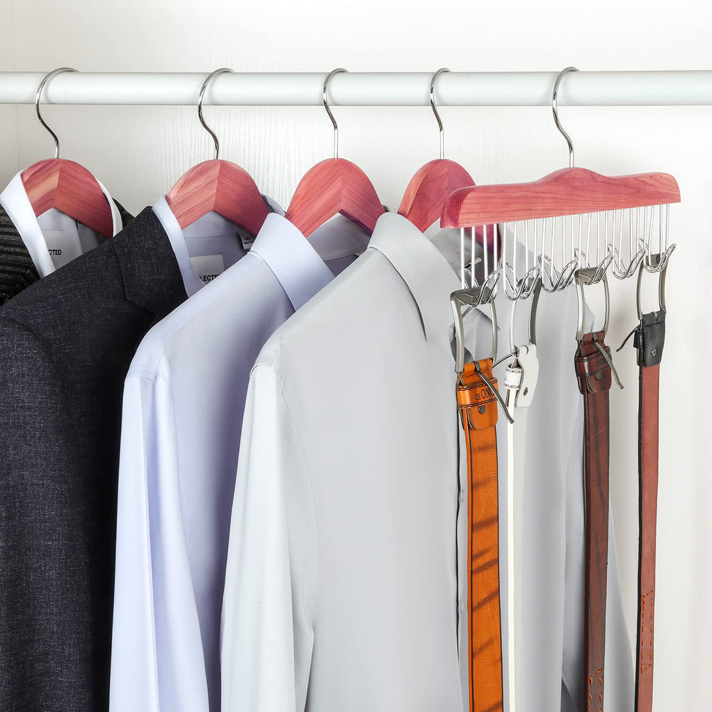 American Red Cedar Wood Belt Hanger, Belt Organizer Rack with 12 Metal Hooks, Closet Organizer for Tank Tops, Ties