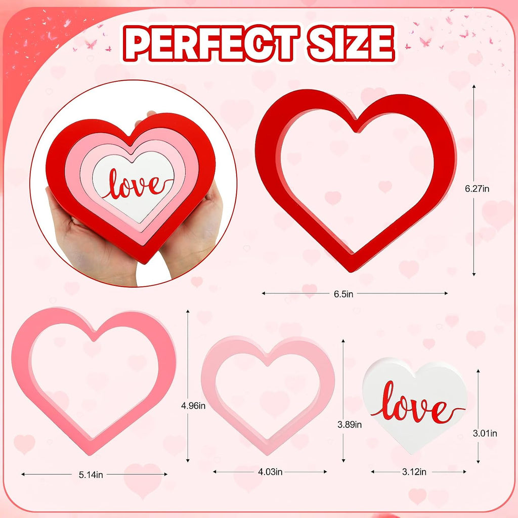 Wooden Hearts Valentine's Day Decorations Indoor, Wood Heart Blocks Tiered Tray Decor, Red Pink White - Set of 4