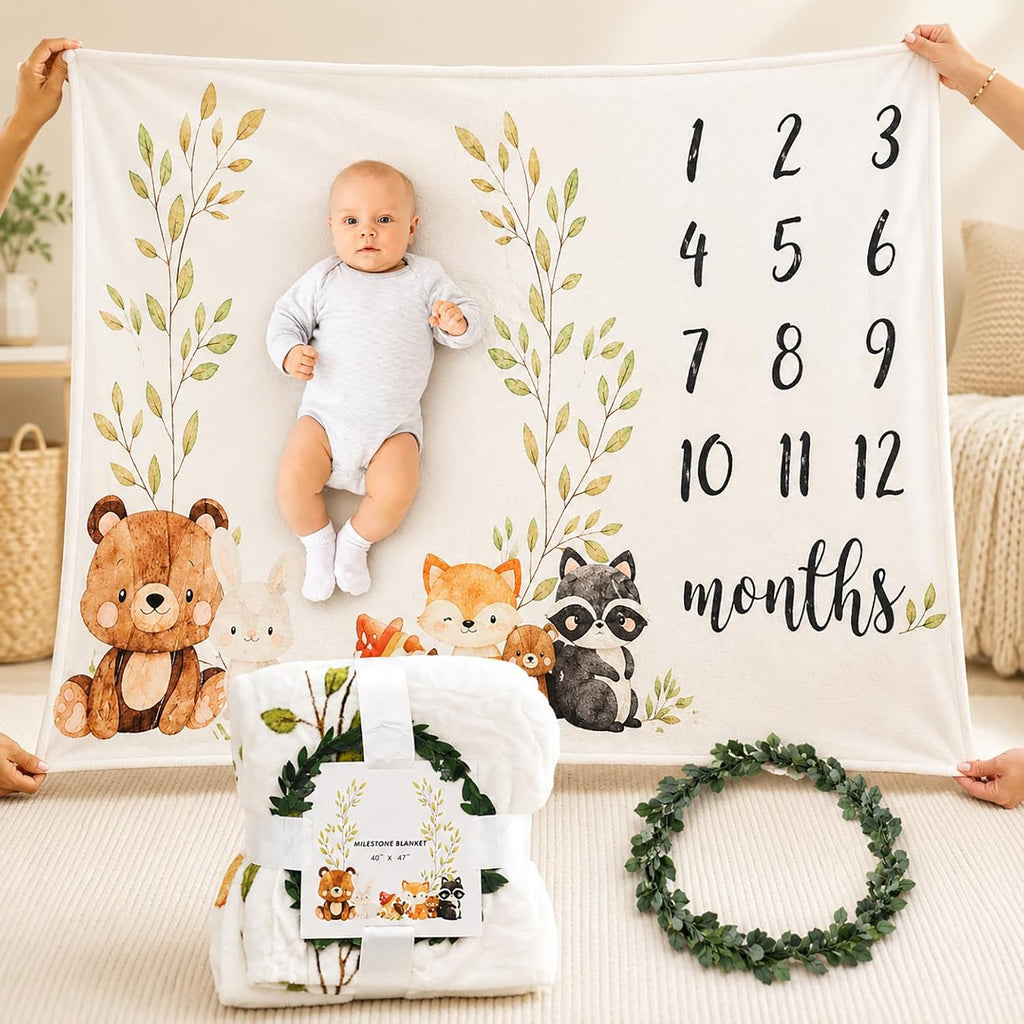 Baby Gift Basket for Newborn Boy or Girl (Green) Essentials Gift Set with Diaper Caddy Organizer, Milestone Blanket