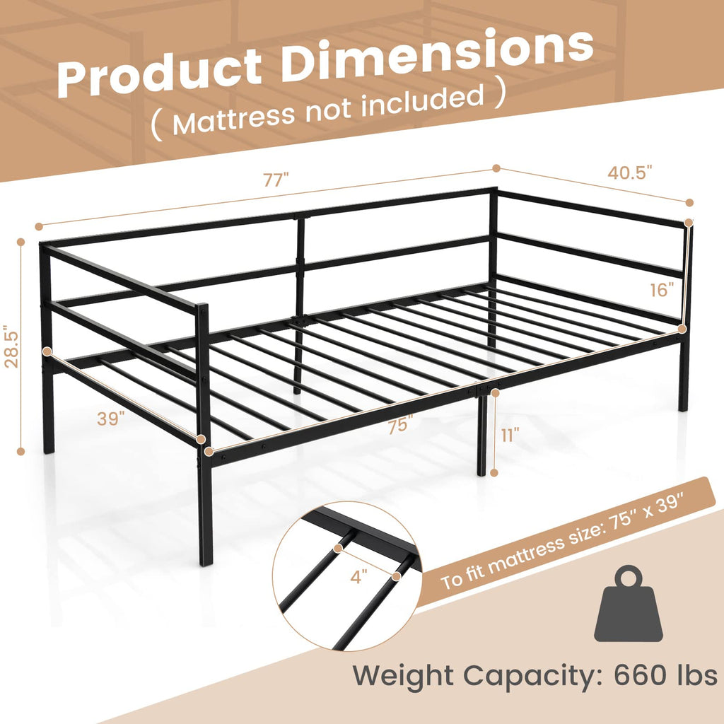 Metal Twin Daybed Frame, Day Bed with Metal Slat Support & 3-Sided Guardrails, 2-in-1 Space-Saving Sofa Bed Guest