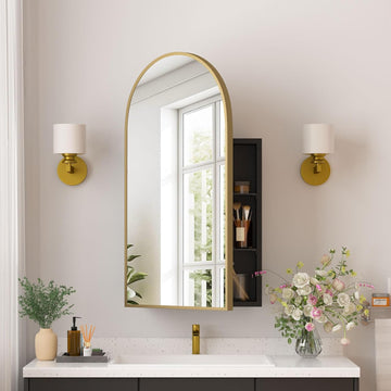 Medicine Cabinets , Brush Gold Arched Medicine Cabinet Recessed or Surface Wall-Mounted,Modern Bathroom Vanity Mirror