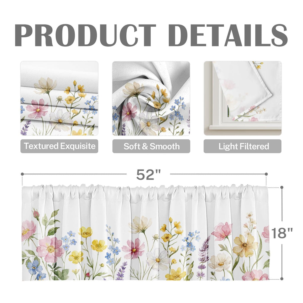 Valances for Windows, 4 Pack, 52x18 Inch, Wildflower Floral