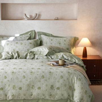 Yarn-Dyed Jacquard Duvet Cover Queen, Green Botanical Leaf Print 3-Piece Bedding Set with Wide Edge Piping, Soft