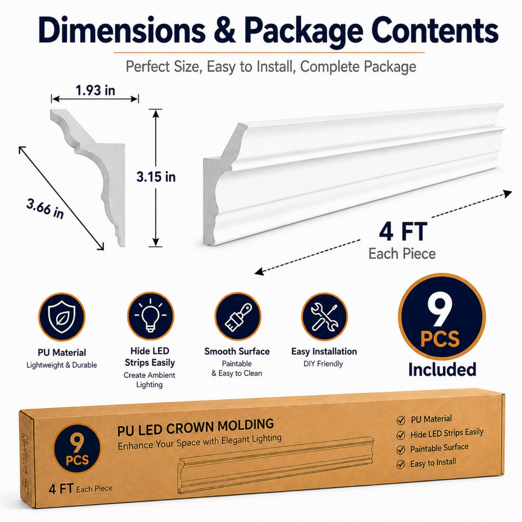 9 Pcs LED Crown Molding, 47.2" Ceiling Trim with Hidden LED Channel