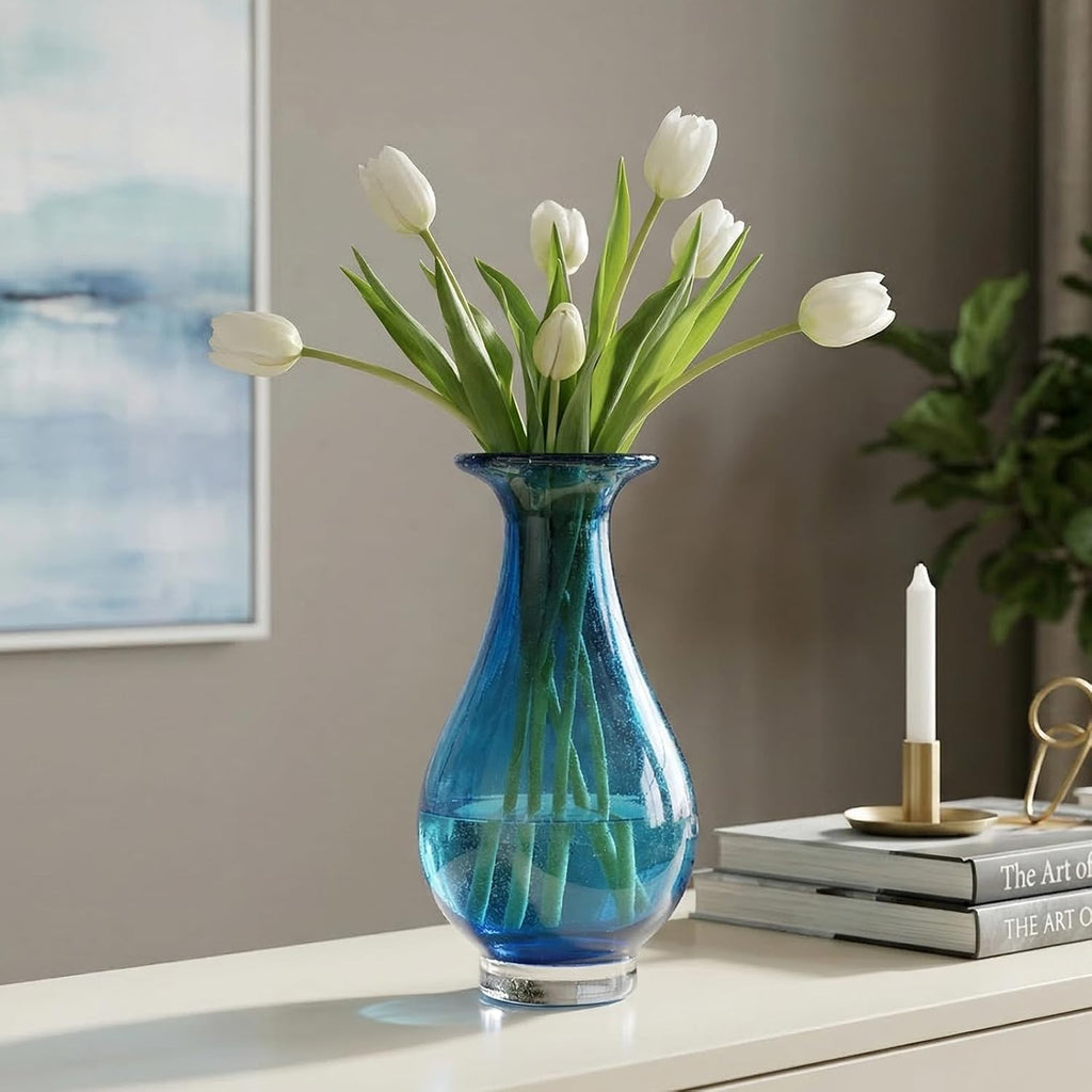 Blue Glass Vase, Hand Blown Wide Mouth Art Glass Vase, Murano Style Decorative Flower Vase Decor, Mantel, Dining