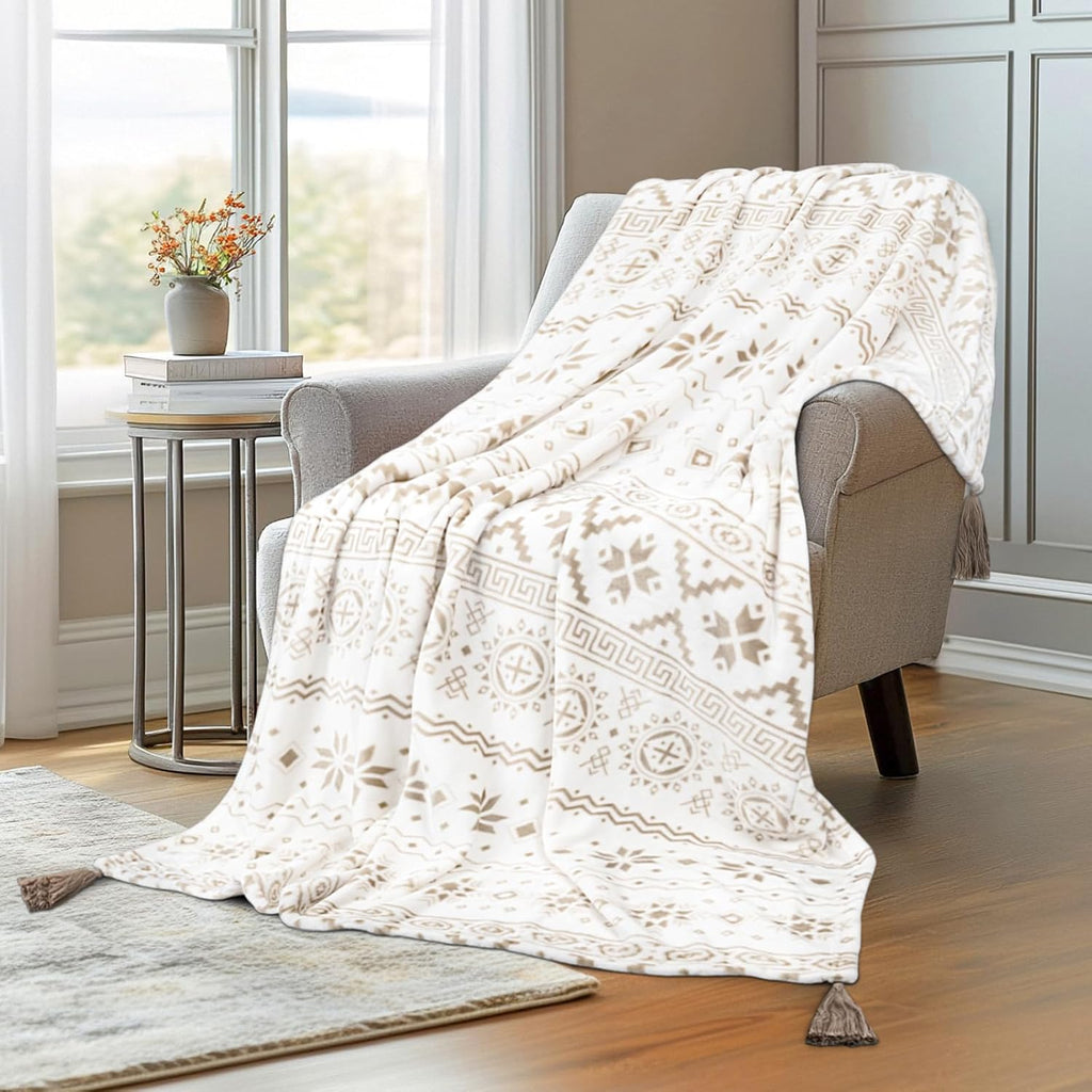 Flannel Boho Blanket, Country Western Aztec Blanket, Southwestern Throw Blankets with Tassel, Soft Cozy Printed