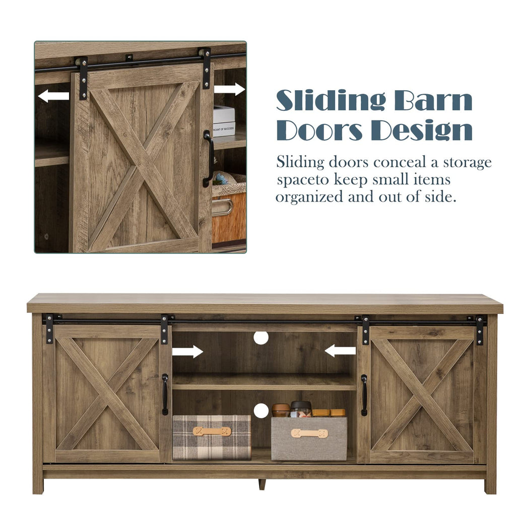 Farmhouse TV Stand with Sliding Barn Doors, Media Entertainment Center Console Table for TVs up to 65", 2-Tier Large
