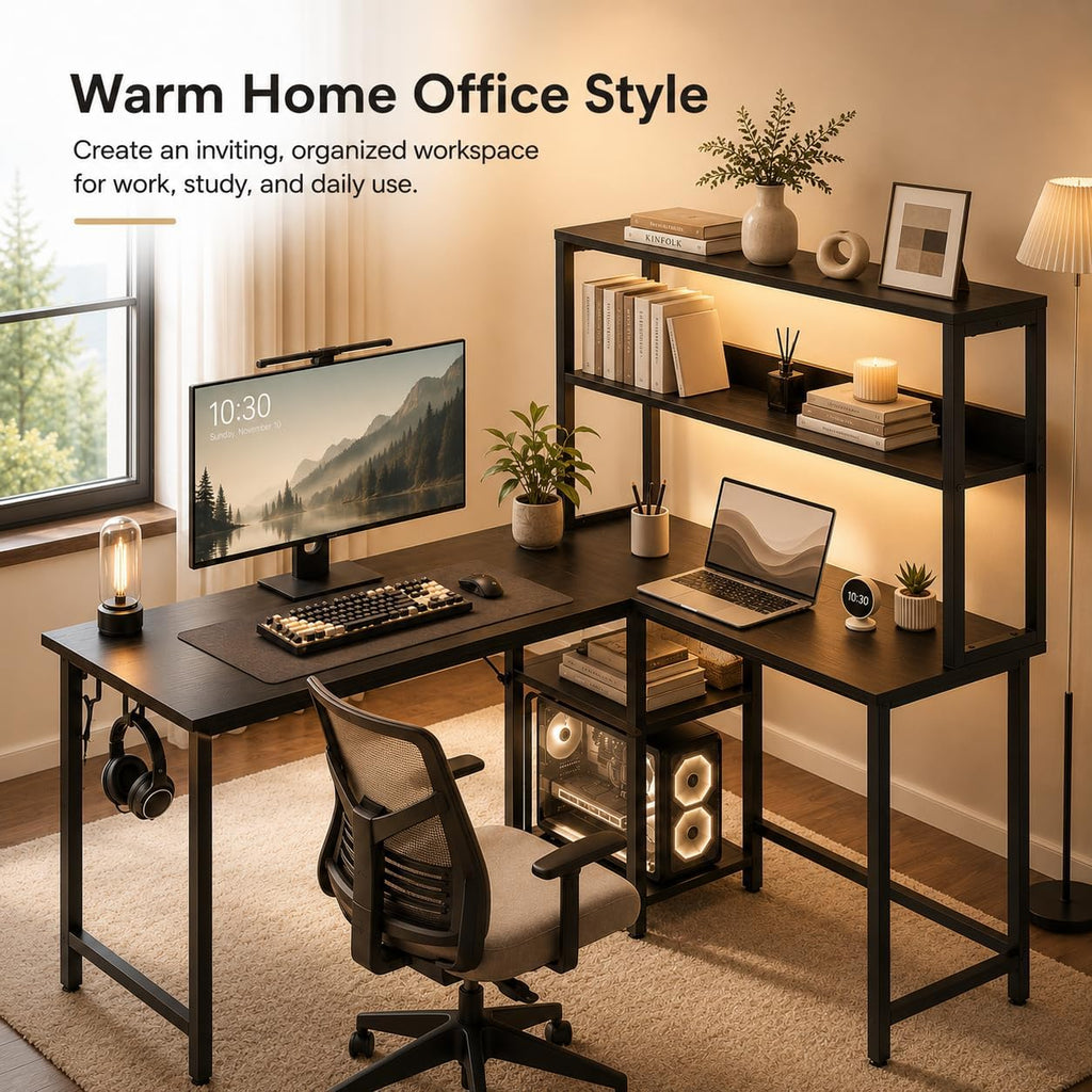 L Shaped Desk Gaming Desk with LED Light & Power Outlet, 43 Inch Reversible Computer Table with Shelf & Storage