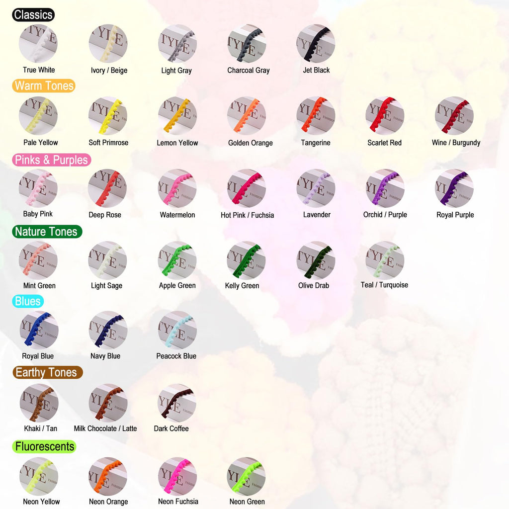 Mini Pom Pom Trim (1 Yard Per Color), Assorted Sample Pack Pom Pom Ribbon, Premium Nylon Ball Fringe for - 35 Yards
