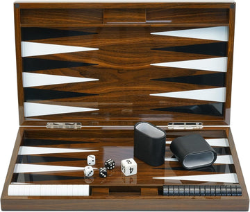 Deluxe Wood 18" Lacquered Backgammon Board Game Set with Premium Leather Dice Cups and Acrylic Game Chips