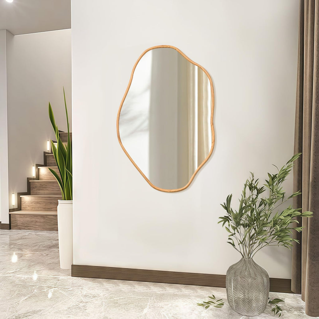 Irregular Wall Mirror, 24x36 Inch, Natural Wood