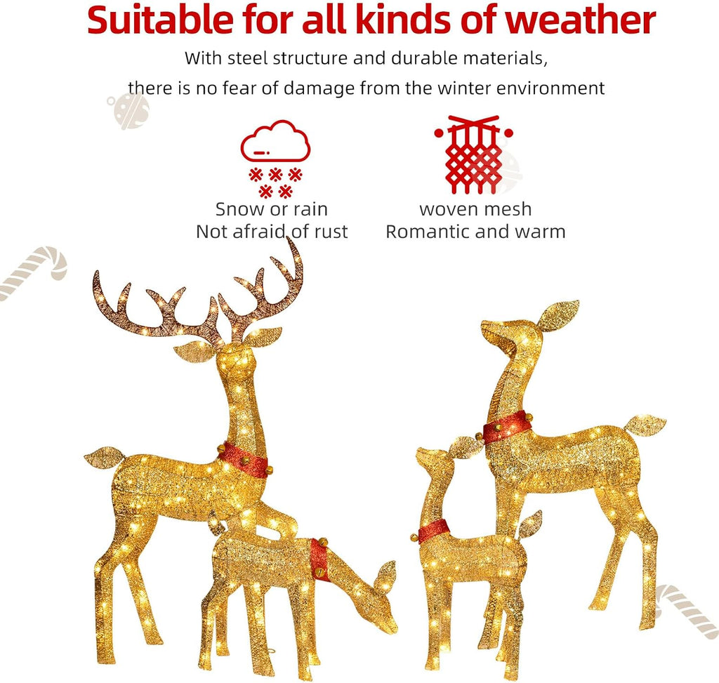 Christmas Decorations Outdoor Reindeer Family - 4-Piece 3D Lighted Deer Set with 245 LED Lights, Yard Christmas Decor