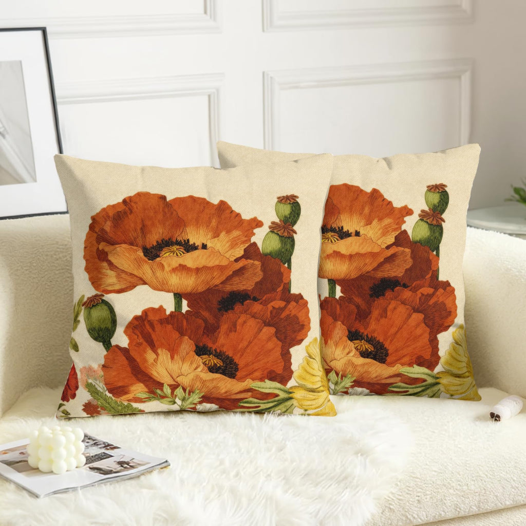 Retro Poppy Pillow Covers Red and Yellow Flower Pillowcases Rustic Botanical Floral Throw Pillow Covers 20x20 Set of