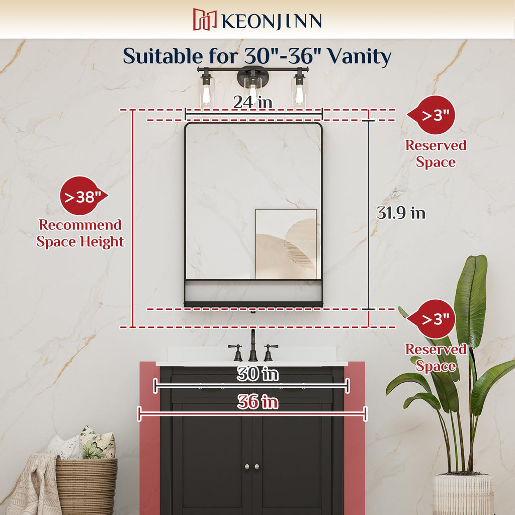 24 x 32 in Black Bathroom Mirror with Shelf, Rounded Corner