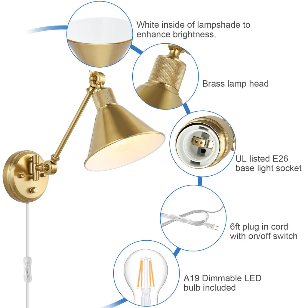Wall Sconce Plug in, Dimmable Wall Sconce Brushed Brass Swing Arm Wall Lights with Plug in Cord and Dimmer On/Off