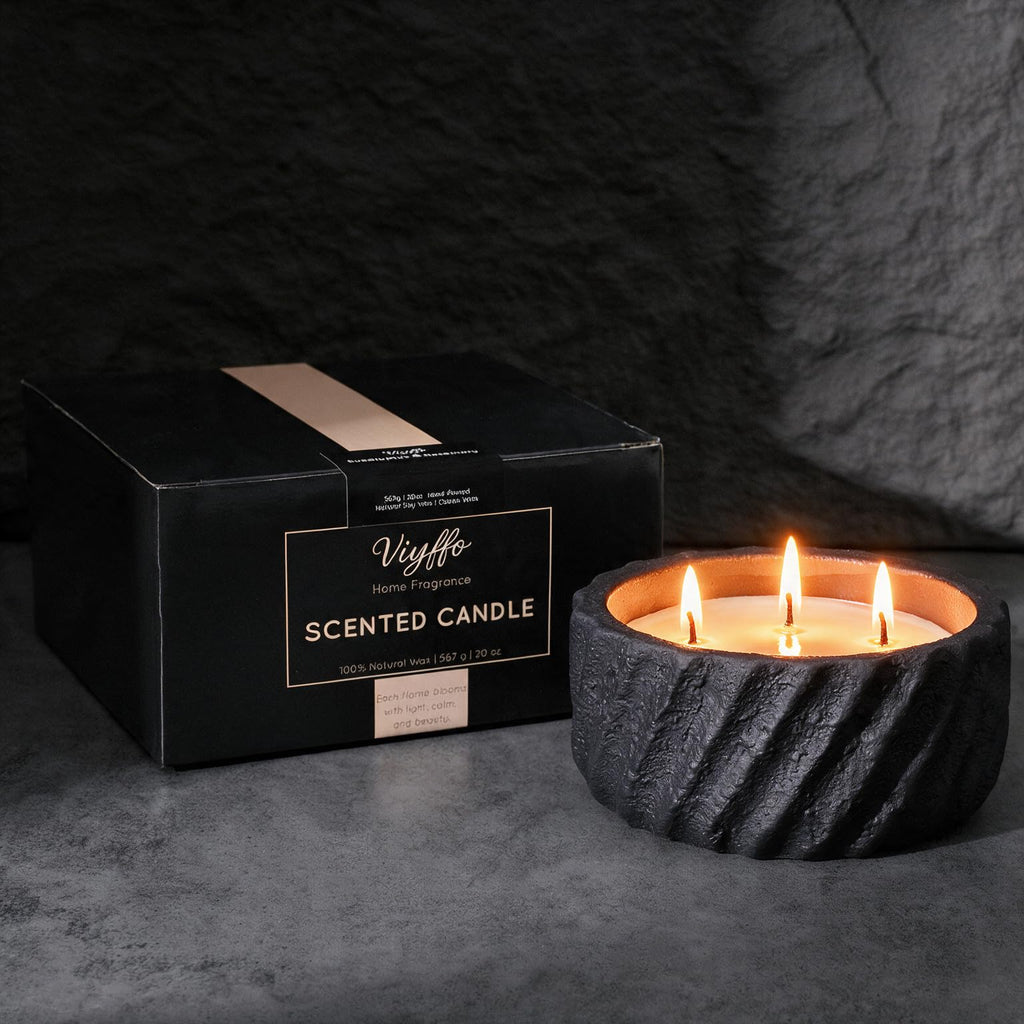 20oz Large Decorative Black Candle - Eucalyptus & Rosemary, 3 Wick Scented Soy Candle, Matte Ceramic Jar Perfect for