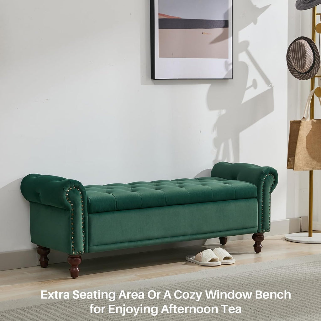 58.1" Storage Bench , Velvet Upholstered, Dark Green | End of Bedroom Bed Bench Ottoman with Tufted Cushioned Rolled