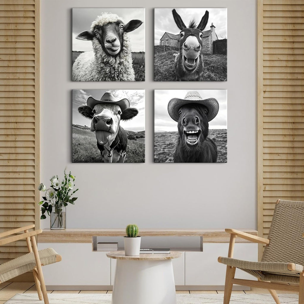 Farmhouse Cow Canvas Wall Art Humor Animals Pictures Sheep Donkey Horse Wall Decor Black and White Prints Artwork