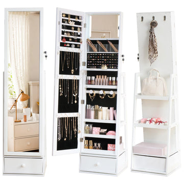 Rotatable Full Length Mirror Jewelry Cabinet Standing With Built-In Mirror - 63.7"H Lockable Jewelry Armoire With
