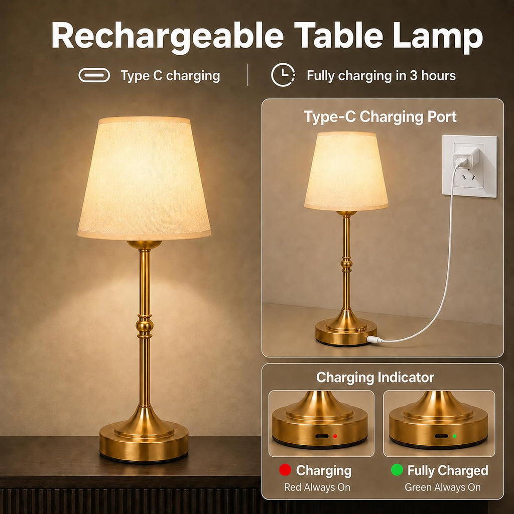 Rechargeable Gold Cordless Table Lamp,3 Color Dimmable Bedside Lamp
