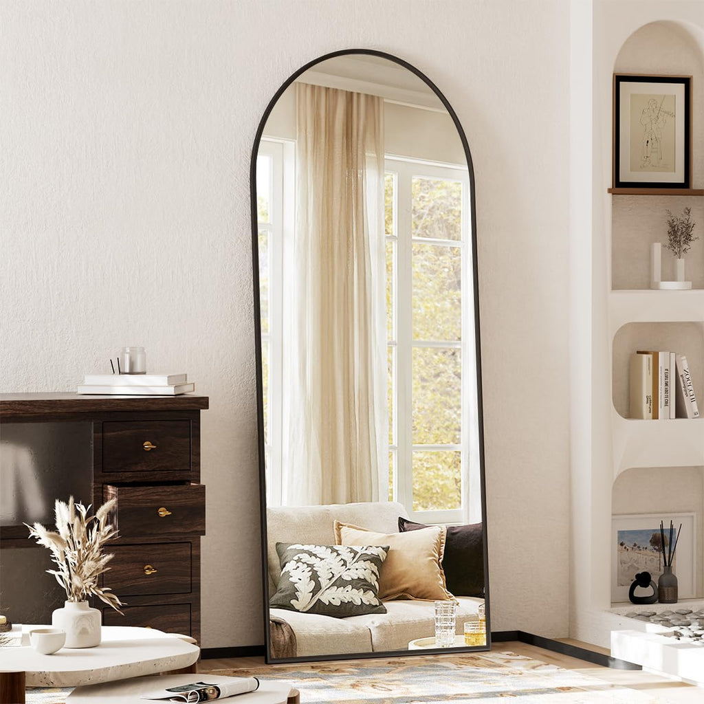 Arched Full Length Mirror, 64" x 21" Arch Black Floor Mirror with Stand