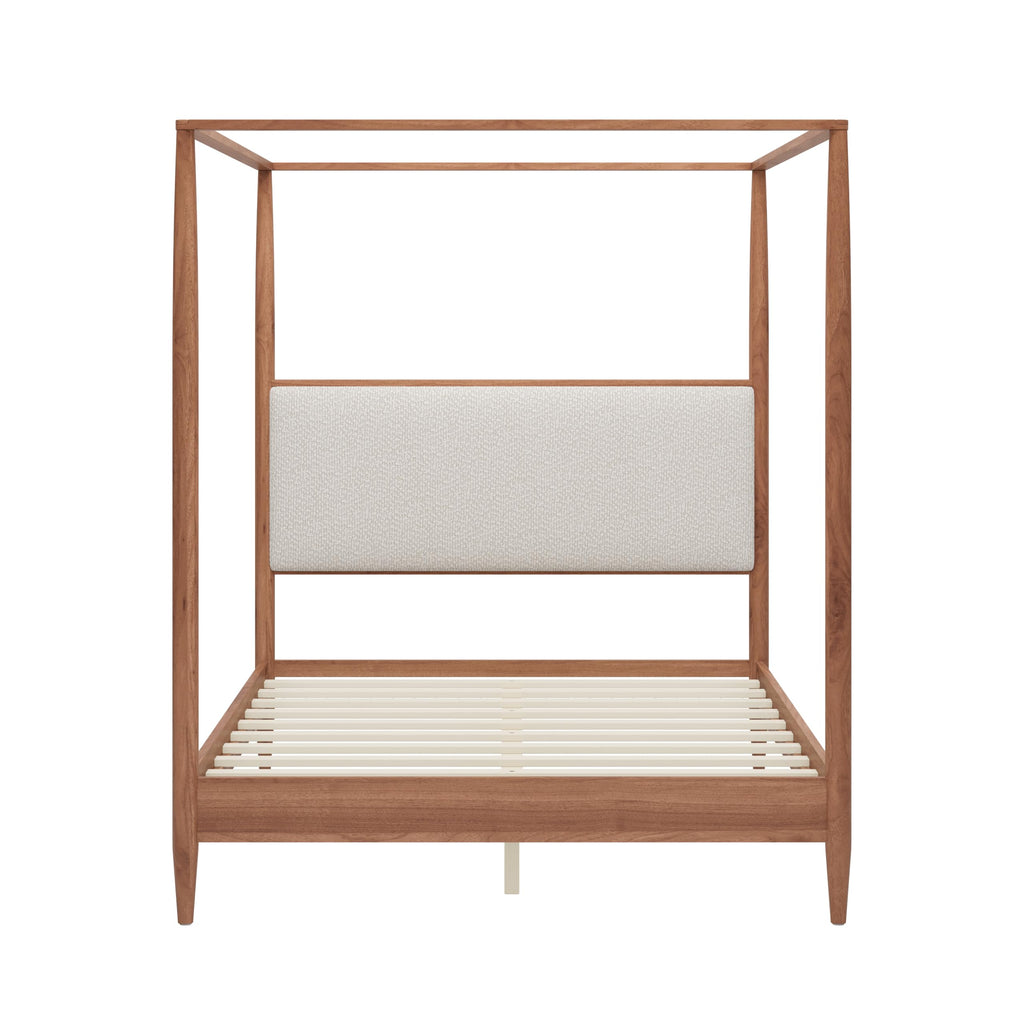 4-Poster Wood Canopy Bed with Boucle Headboard, Walnut