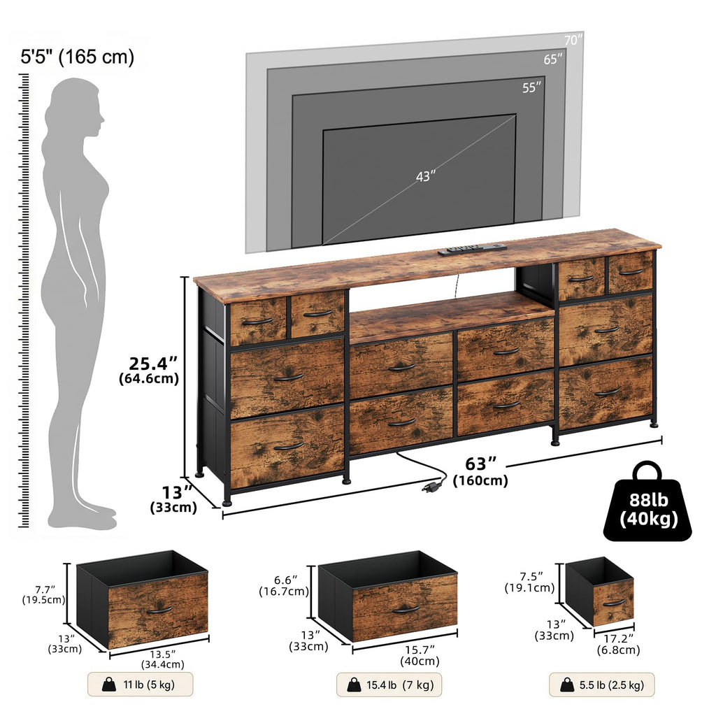 63 Inch 12 Drawers Long Dresser, Chest of Drawers, TV Stand with LED & Power Outlets, Entertainment Center with