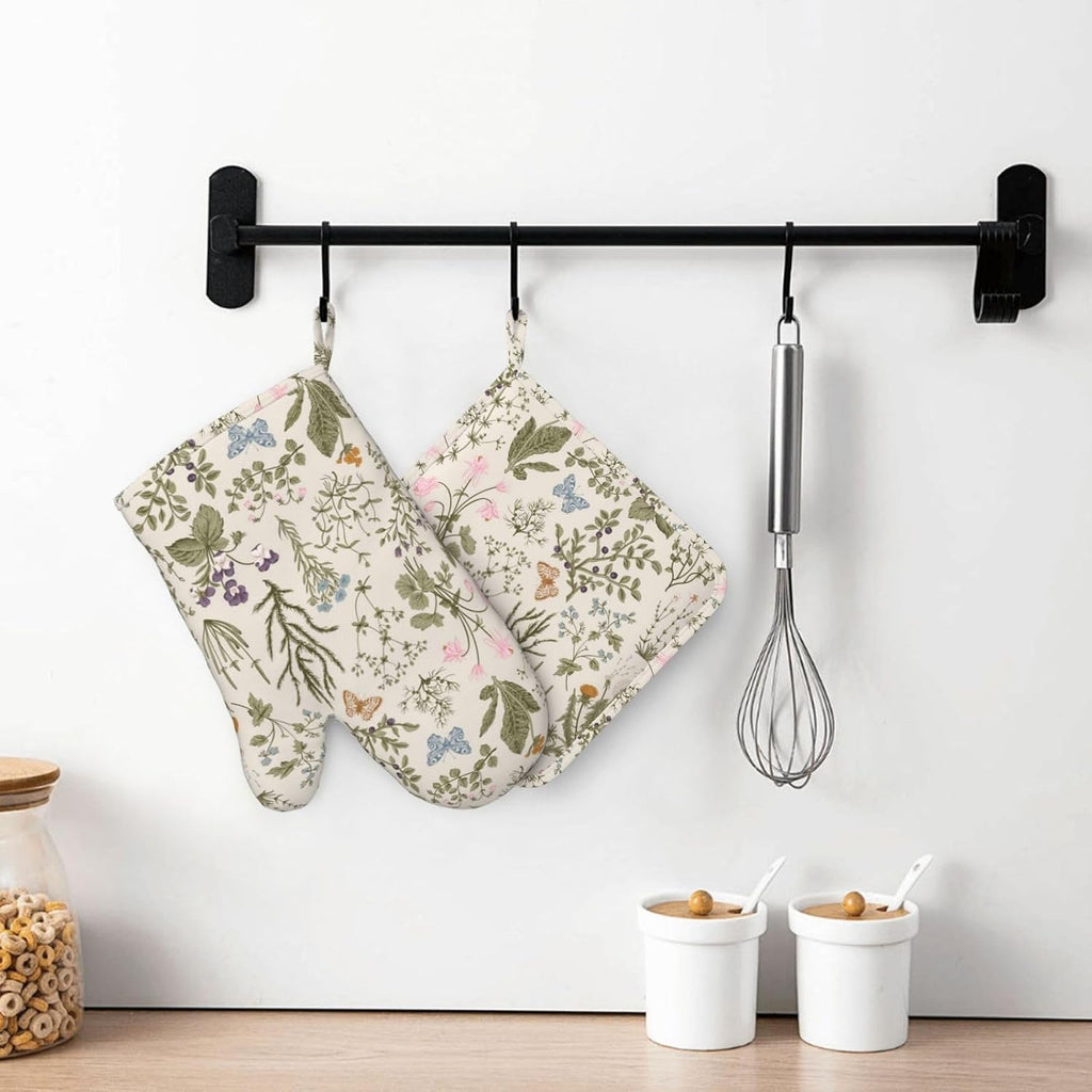 Vintage Wildflower Herbs Floral Rustic Butterfly Oven Mitts and Pot Holders Sets Silicone Kitchen Mitts Potholders
