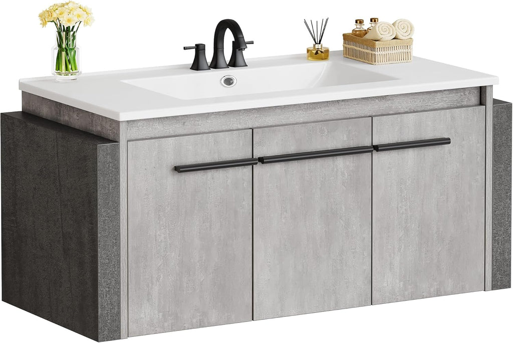 36" Modern Wall Mounted Bathroom Vanity with Sink - White & Gray Cabinet with 2 Soft-Close Doors