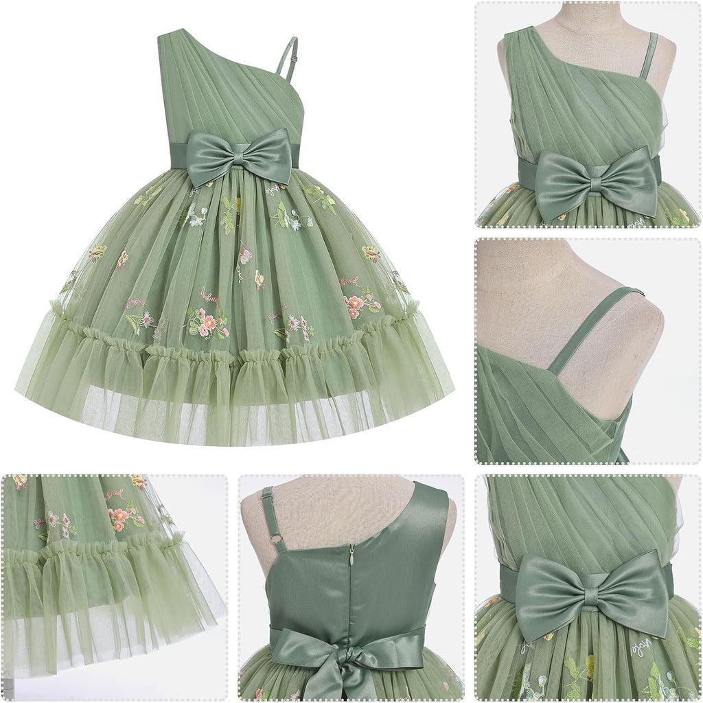 Girl Formal Wedding Tulle Dress One Shoulder Tween Birthday Pageant Midi Sundress Easter Junior First Communion Dress