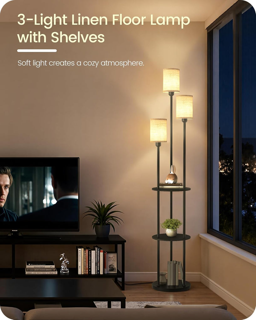 Floor Lamp with Shelves, Modern Floor Lamp with 3 Linen Shades and Foot Switch, 3-Light Standing Lamp