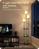Floor Lamp with Shelves, Modern Floor Lamp with 3 Linen Shades and Foot Switch, 3-Light Standing Lamp