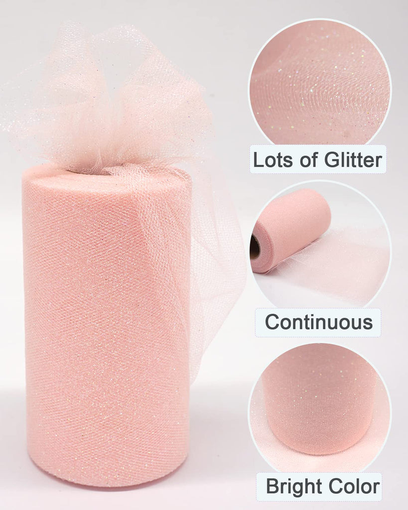 Glitter Tulle Fabric Rolls, 6 Inch x 50 Yards, Sparkling Sequin, Blush