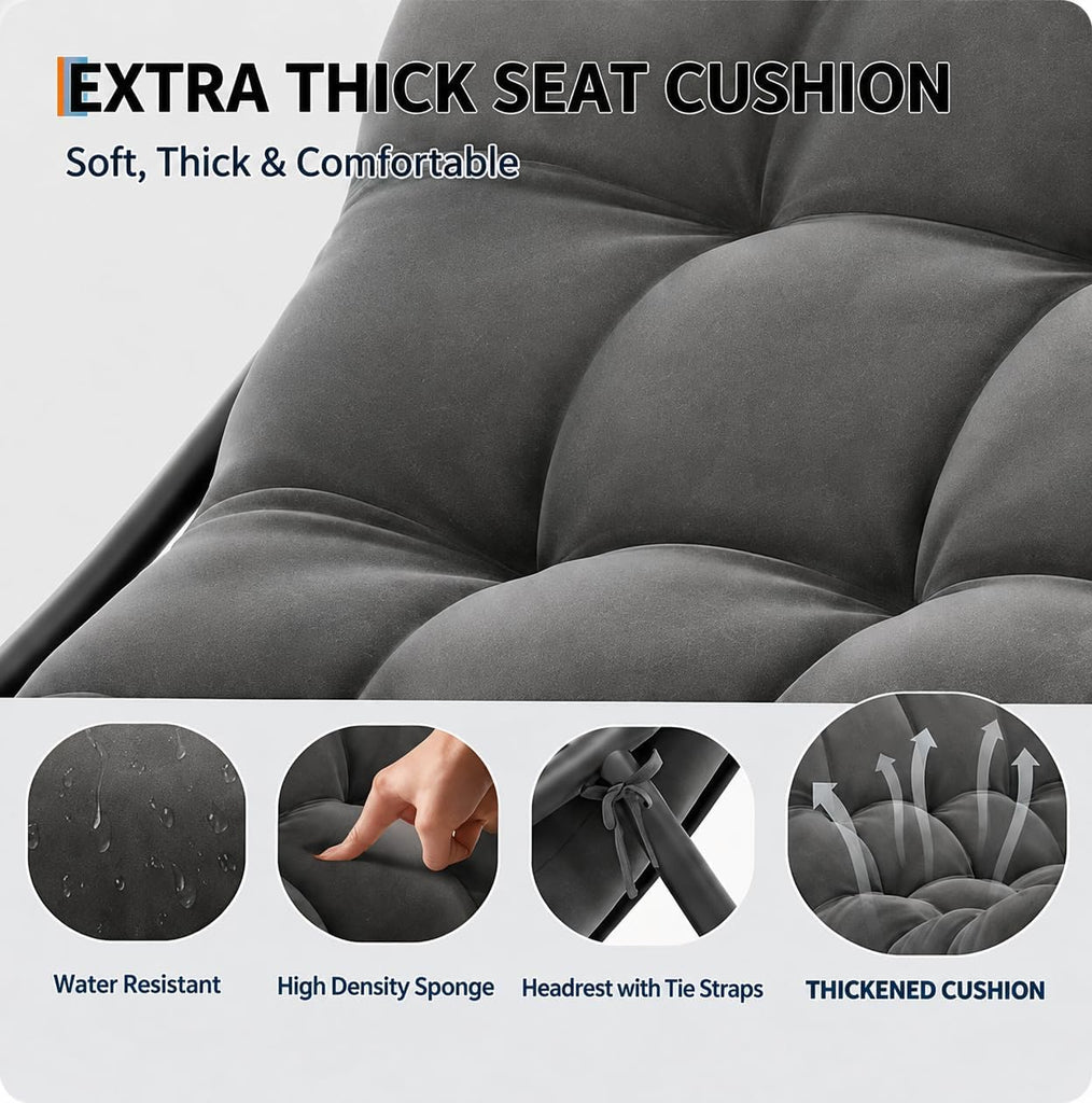 Outdoor Papasan Rocking Chair with Thick Cushion, 450 lb Capacity | Curved lounge profile, neutral gray finish and