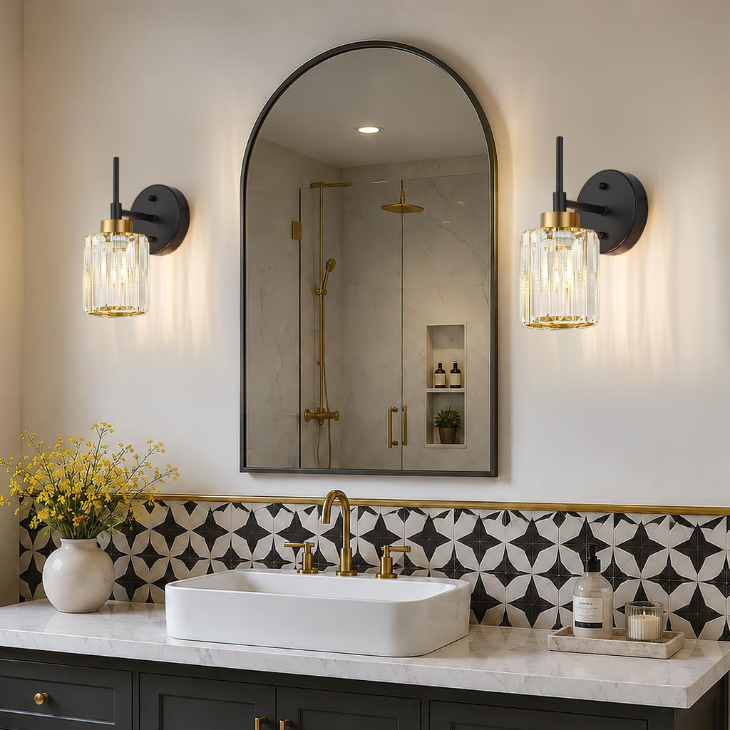 Bathroom Wall Sconces Set of 2, Black & Gold Wall Lights with Clear K9 Crystal Shades, Bathroom Light Fixtures