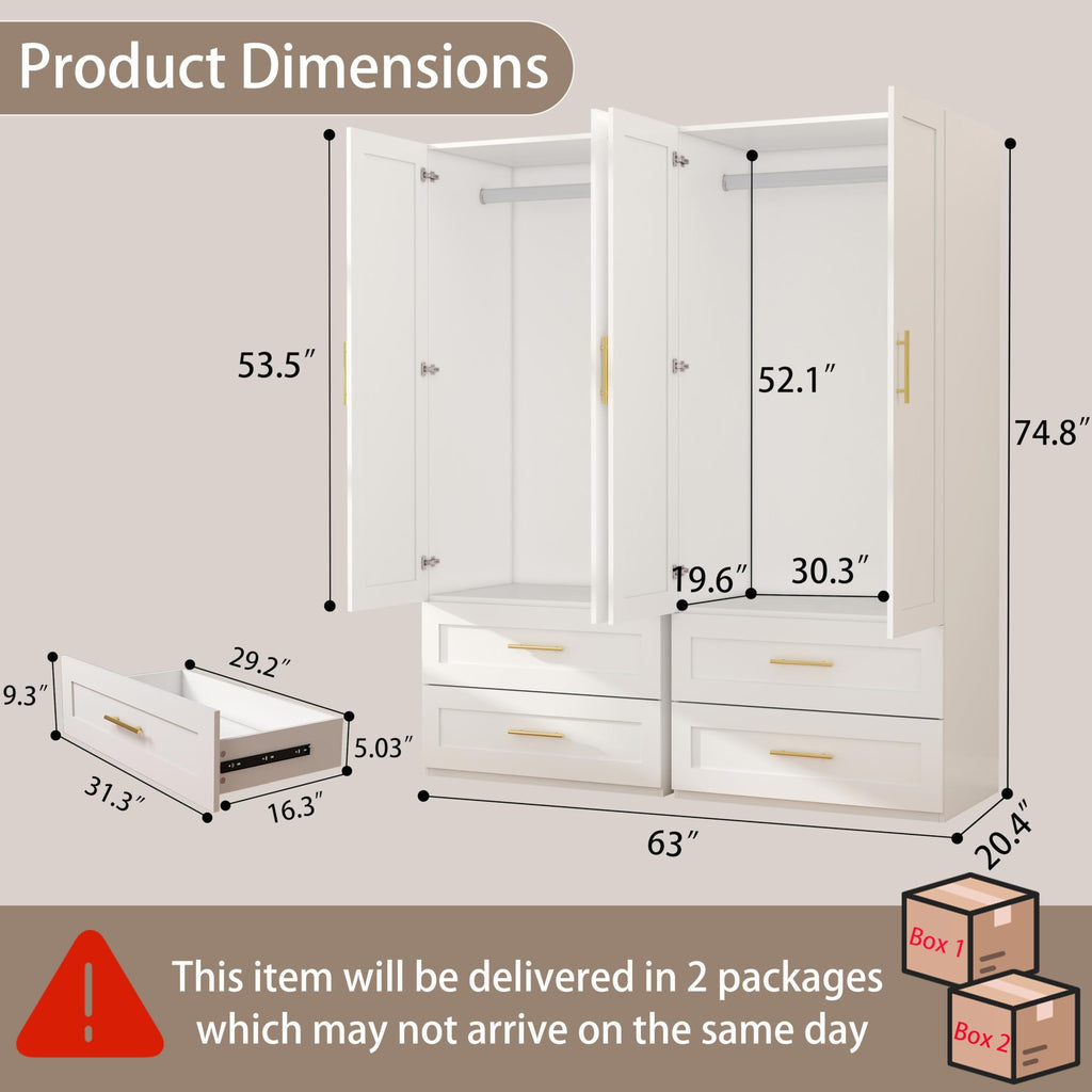 White Armoire Wardrobe Closet with 4 Drawers, 75" Tall x 63" Wide