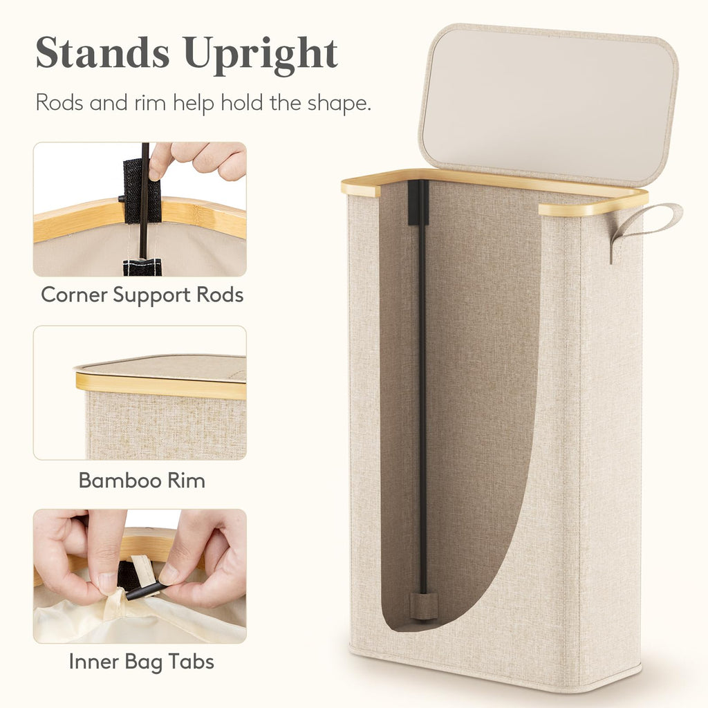 75L Slim Laundry Hamper with Lid and Removable Bag, Beige