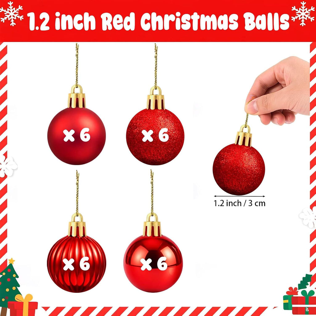 Small Red Christmas Ornaments Balls, 1.2 inch Mini Red Ornaments for Mini Tree, Tiny Plastic Shatterproof - Set of 24
