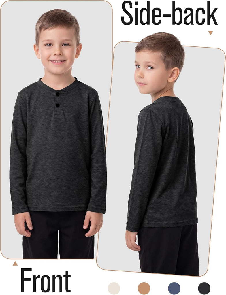 4 Pack Boys Long Sleeve Henley Shirts Casual Crewneck Tees with Buttons Soft Shirts for Boys