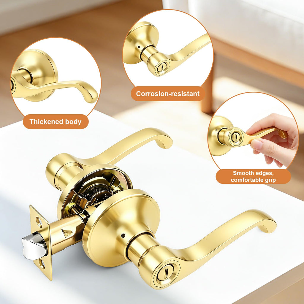 Scroll Privacy Door Lever, Gold Door Handle Interior, Reversible for Left/Right Handed Door, Polished Brass Door