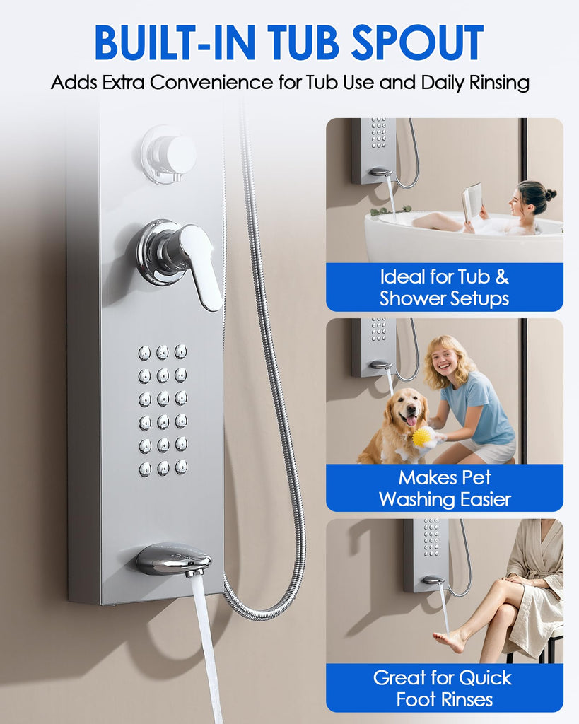 Shower Panel Tower System, 4 Functions, Surface Wall Mount, Brushed
