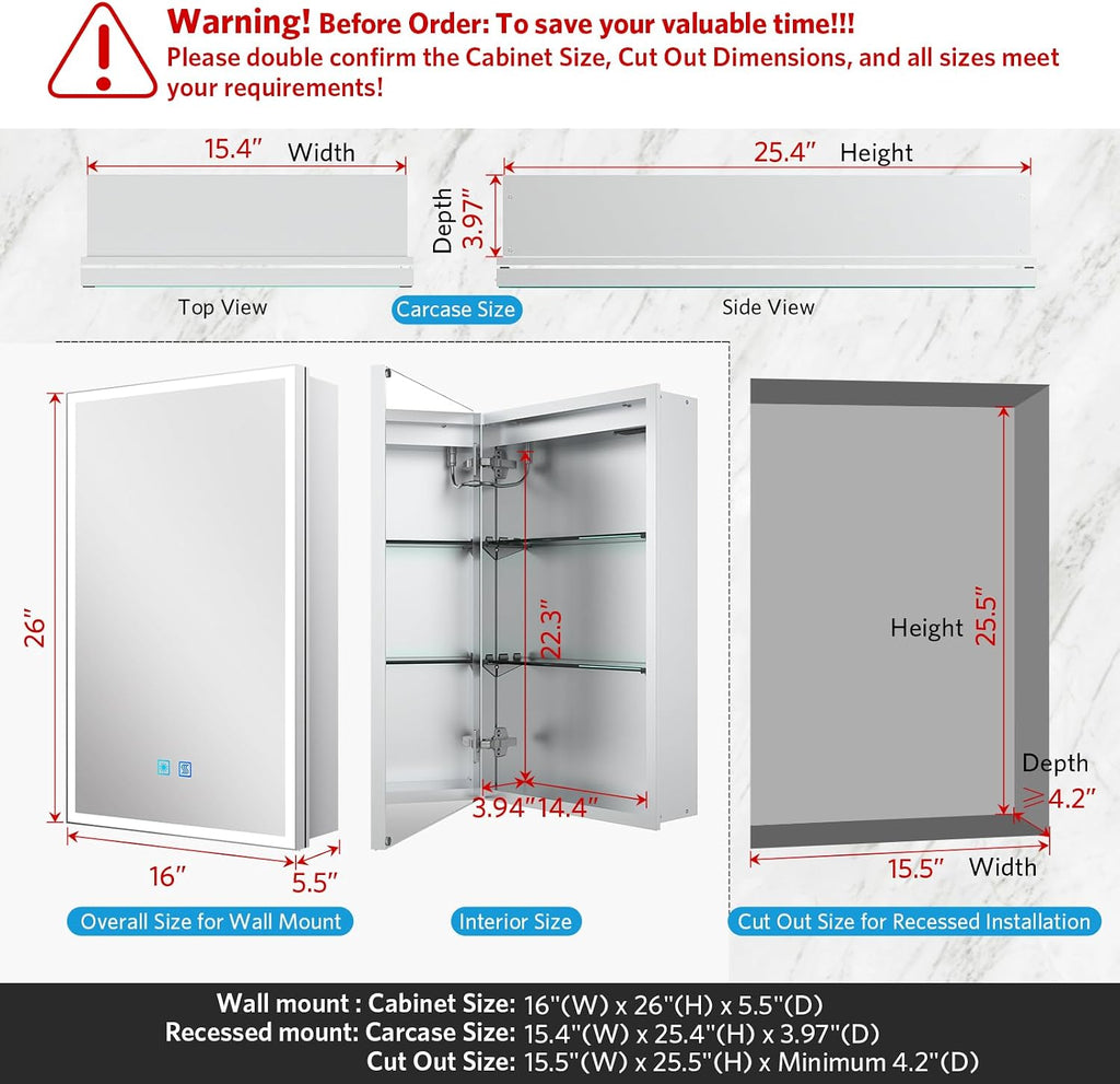 16"x26" LED Medicine Cabinet with Mirror, Recessed or Surface | Silver aluminum lighted mirror cabinet with shaver