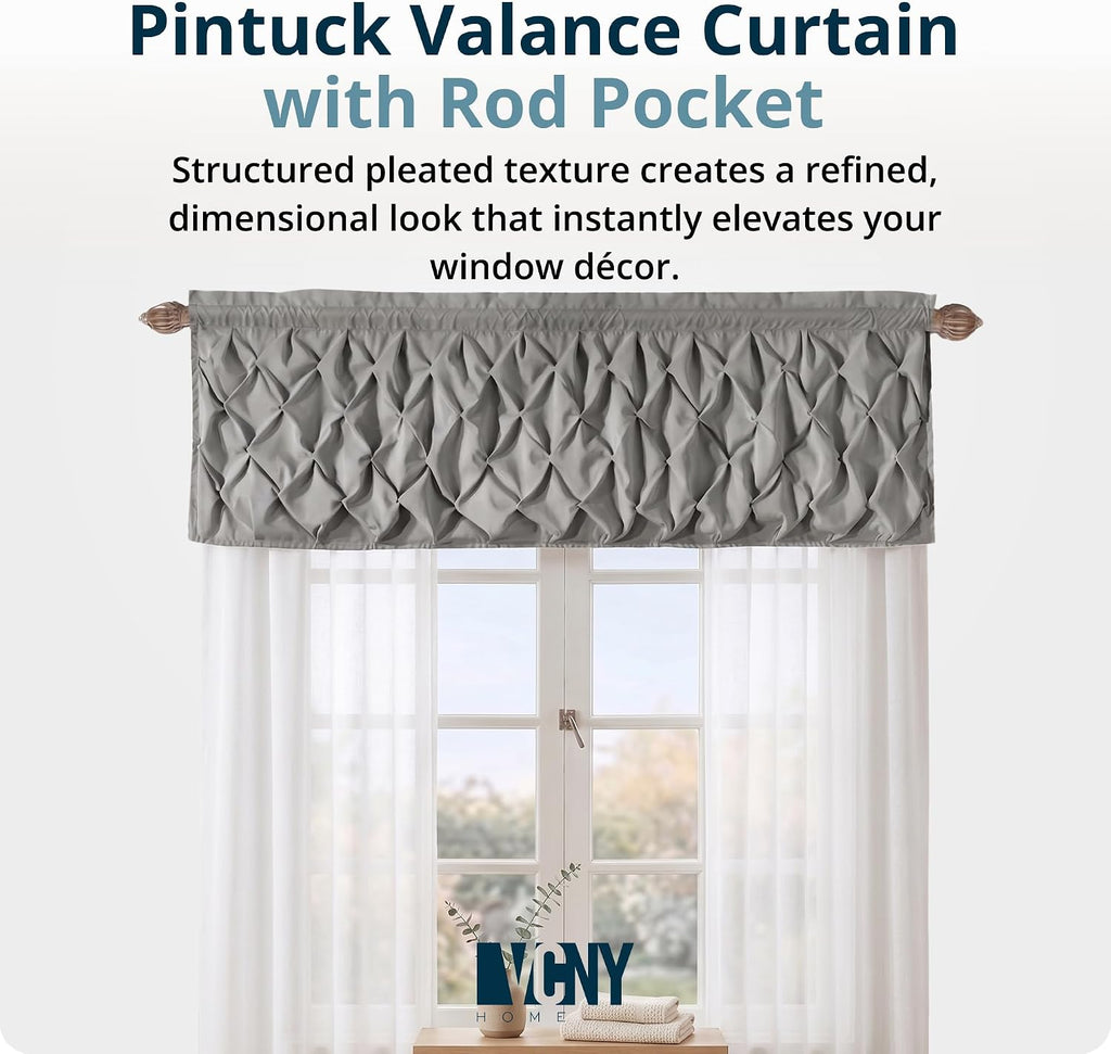 Pintuck Valance Curtain with Rod Pocket Top - Carmen Gray | 60" x 20" | Light Filtering Fabric | Modern & Elegant