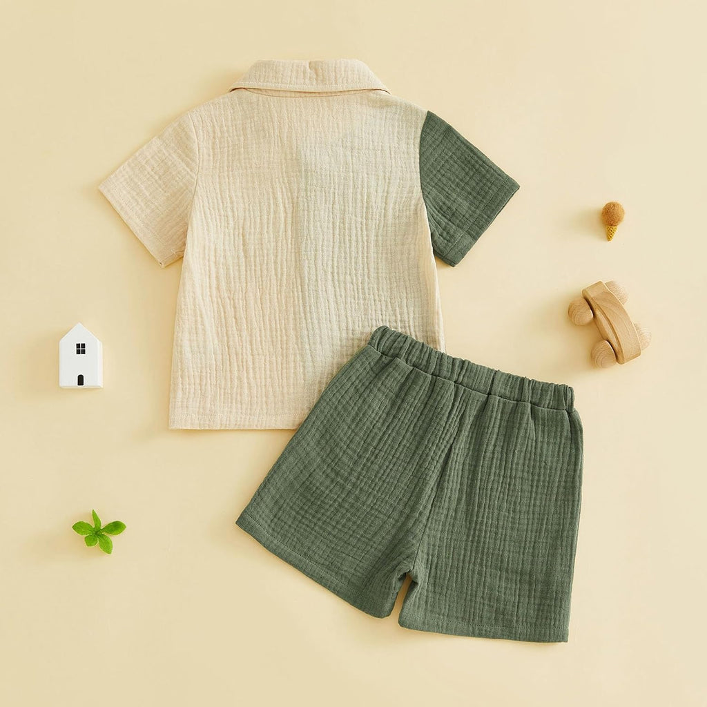 Baby Boys Summer Outfit Color Blocking Button Down Shirts + Shorts Cotton Gauze 2PCS Toddler Clothes Set with Pockets
