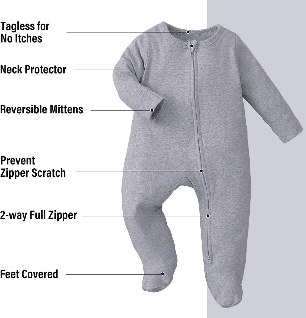 Footie Pajamas with Mitten Cuffs Double Zipper Sleepers Baby Boy Girl Onesie Footed One-Piece Romper 0-6