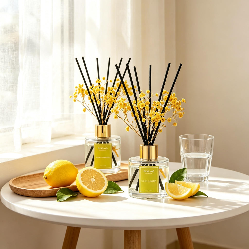 Reed Diffuser Set, 3.38 fl oz (100 ml) Lemon Verbena 2pcs Oil Diffusers with 6 Reed Sticks Shelf Decor Home Fragrance