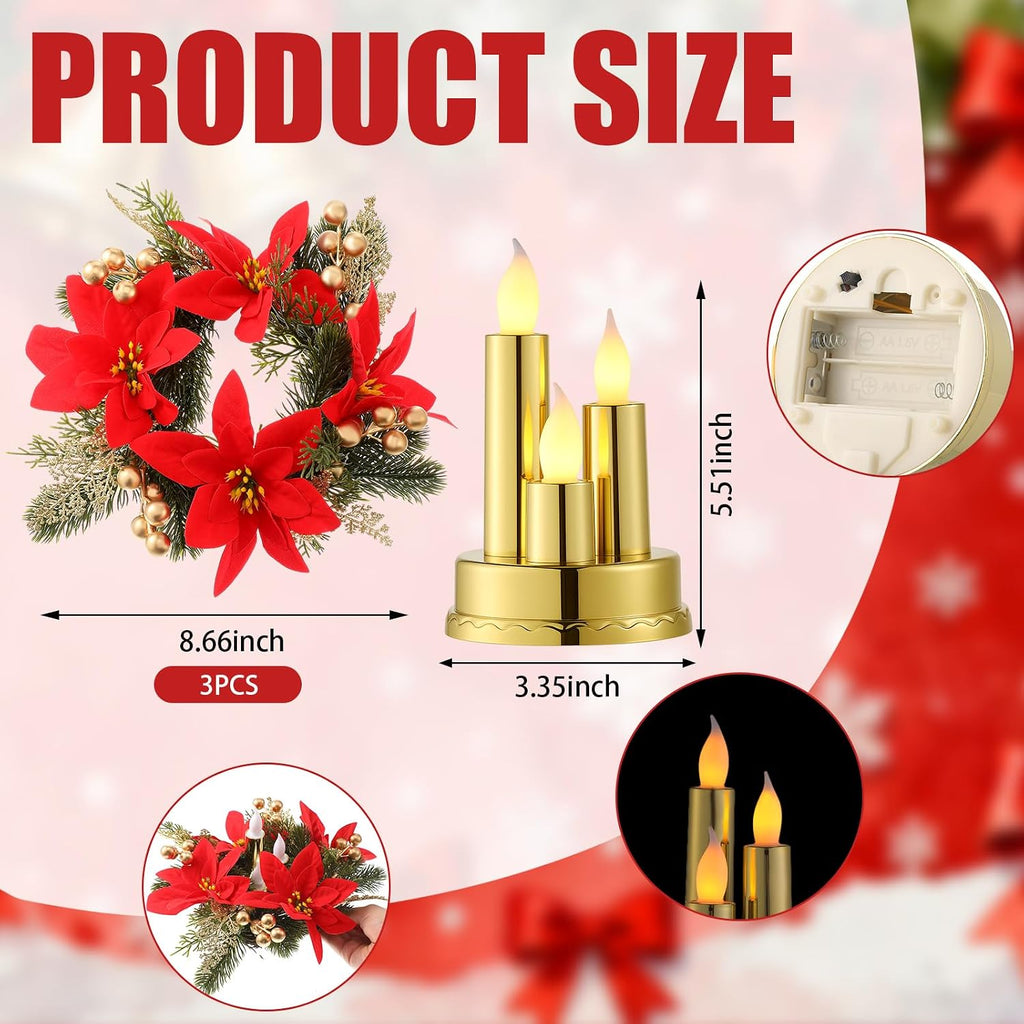 3 Set Poinsettia Centerpieces Christmas Floral LED Candles Decor